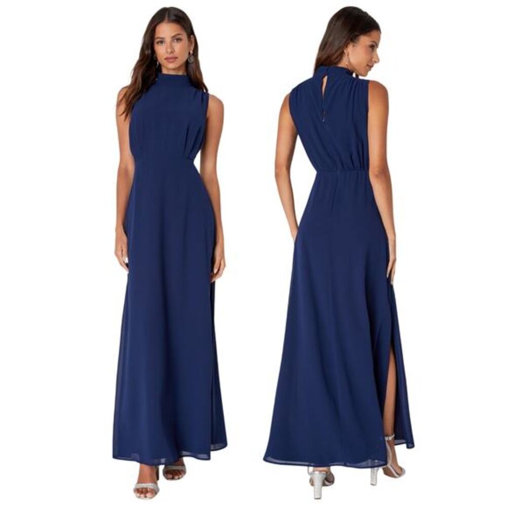 Lulus Classic Elegance Navy Chiffon Sleeveless Mock Neck Maxi Dress size XS NWT